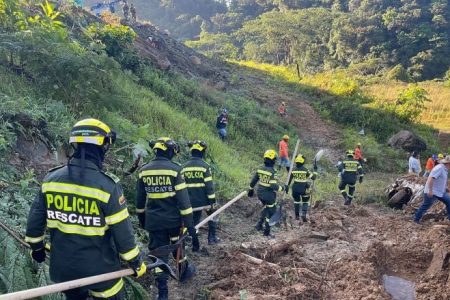 Colombian authorities say at least 34 people died as a result of a mudslide, which was brought on by heavy rains, in Choco province, on Friday afternoon.  (Colombian Police/Reuters)