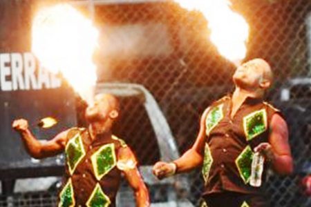 Fire Eaters entertain fans during a Caribbean Premier League match between the Jamaica Tallawahs and the Trinibago Knight Riders at Sabina Park in 2019.