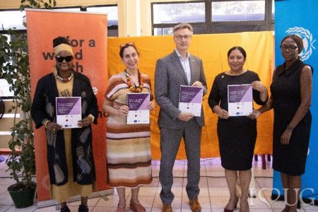 Holding up copies of the Gender Policy are (left to right): Representative of the Women and Gender Equality Commission, Nicole Cole; UN Resident Coordinator in Guyana, Yeşim Oruç; European Union Ambassador to Guyana, Rene van Nes; Vice-Chancellor of the University of Guyana, Prof Paloma Mohamed Martin; and Deputy Vice-Chancellor for Institutional Advancement, Dr Melissa Ifill.
