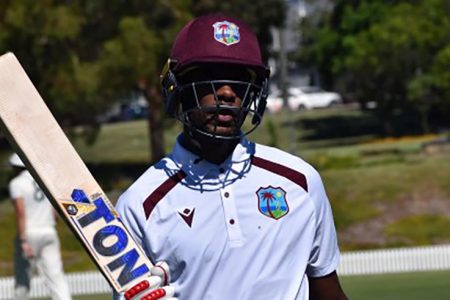  West Indies all-rounder Justin Greaves acknowledging his half-century on Wednesday’s opening day of the three-day tour match
