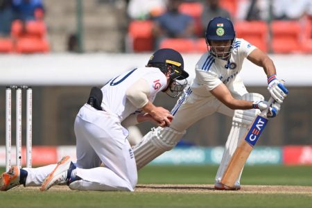 Safe pair! Ollie Pope took a sharp catch at silly point to dismiss Shubman Gill