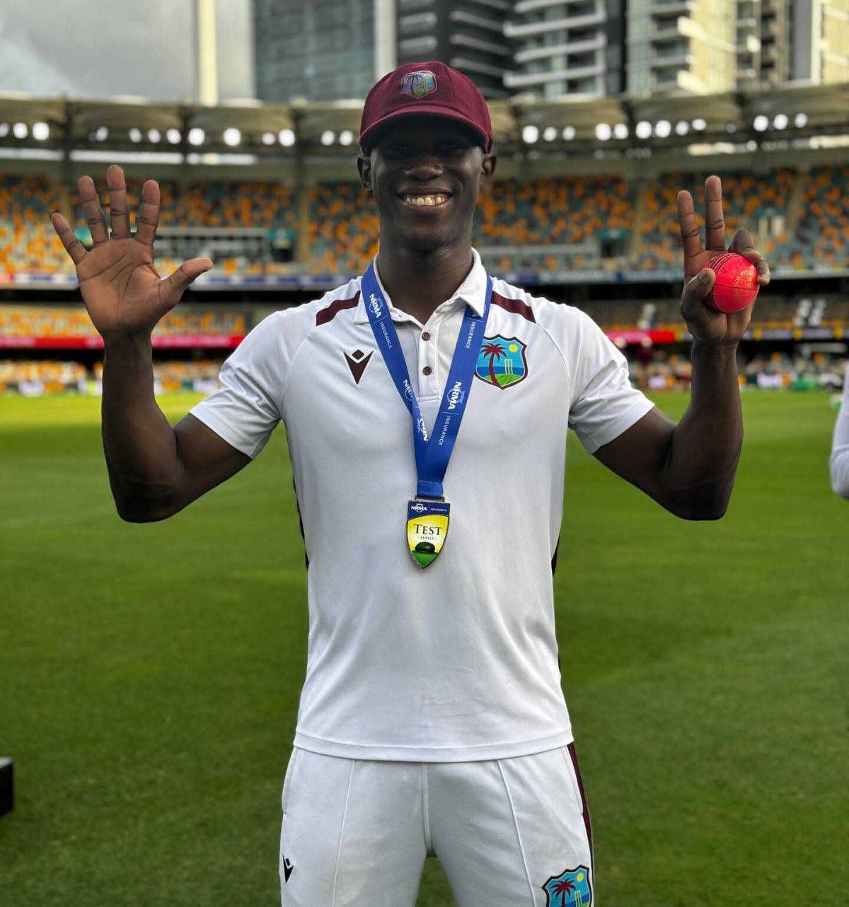 Guyanese Shamar Jospeh holds up seven fingers representing the seven wickets took yesterday morning as the West Indies completed an incredible victory against the best test team in the world, Australia. It was the first time in 27 years the Caribbean side won a test match in Australia and the victory was sweeter that Jospeh, playing in just his second match, played the leading role.   (West Indies Cricket photo)