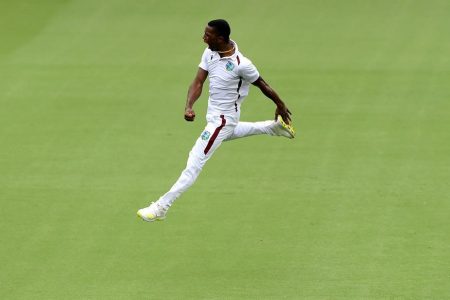 Sweet victory! Shamar takes off around the field after taking the wicket of  Josh Hazelwood to bring the Caribbean side a well-deserved victory. (West Indies Cricket photo)