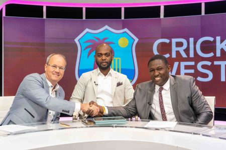 Sealed with a shake! CWI CEO Johnny Grave (left) is shaking hands with WIPA boss and CEO Wavell Hinds in the presence of CWI President Dr. Kishore Shallow following the official signing of the MOU, which promotes gender pay equity in West Indies cricket.
