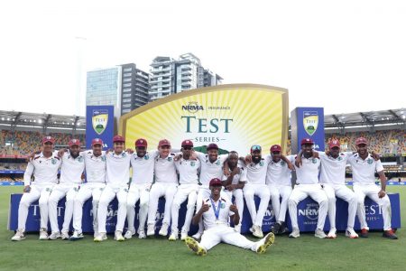 West Indies pose for the camera after recording their first test win in Australia in 27 years