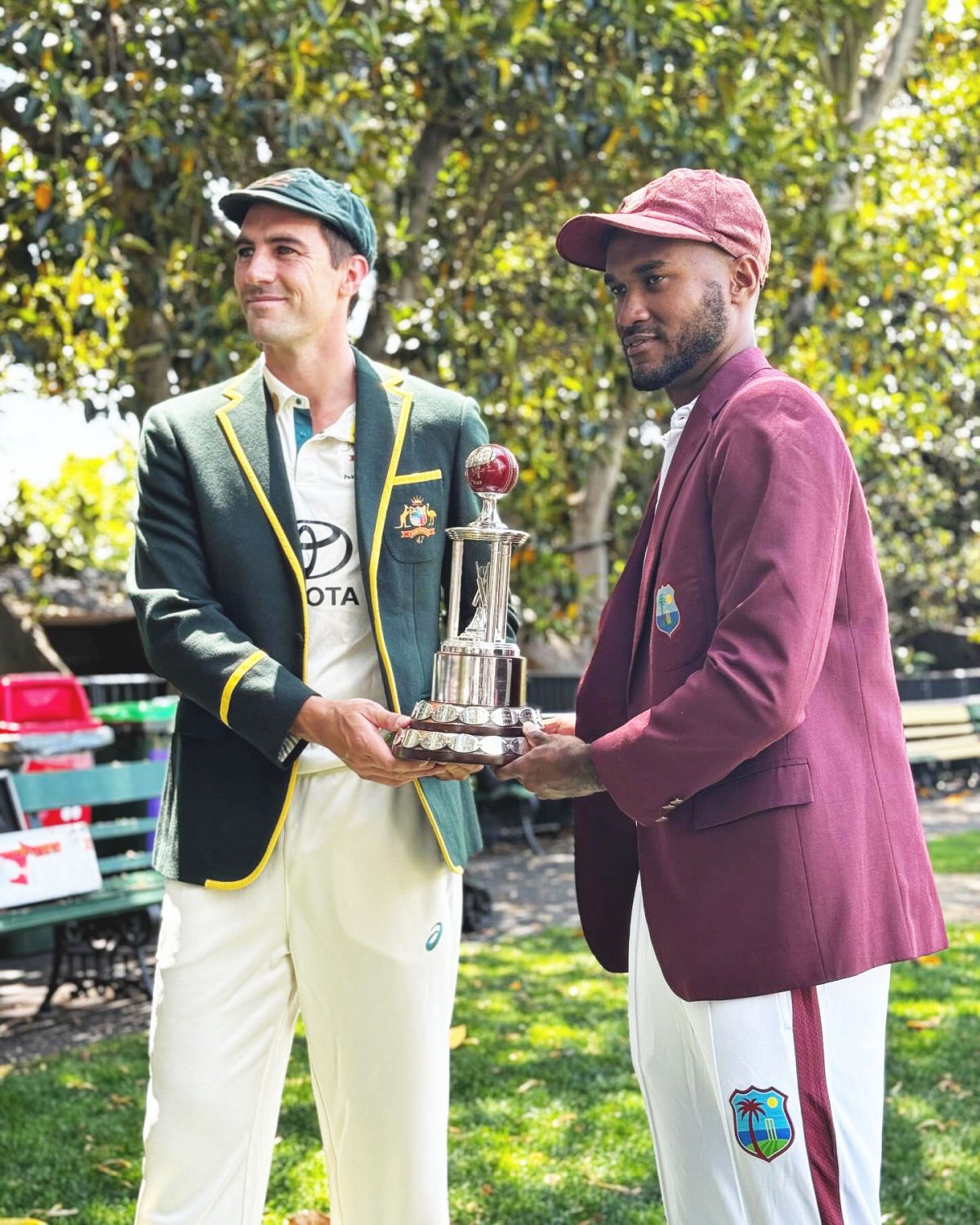 Kraigg Brathwaite (right) and Pat Cummins with the Frank Worrell Trophy yesterday. The first Test bowls off at the Adelaide Oval  tonight, 7:30 pm, Eastern Caribbean time. (Windies Cricket photo)