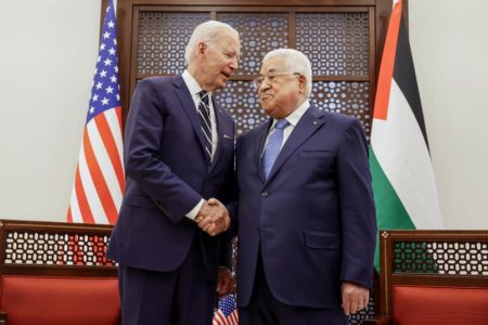 US President Joe Biden shakes hands with Palestinian President Mahmoud Abbas at the Presidential Compound, in Bethlehem, in the West Bank July 15, 2022(photo credit: REUTERS/EVELYN HOCKSTEIN)