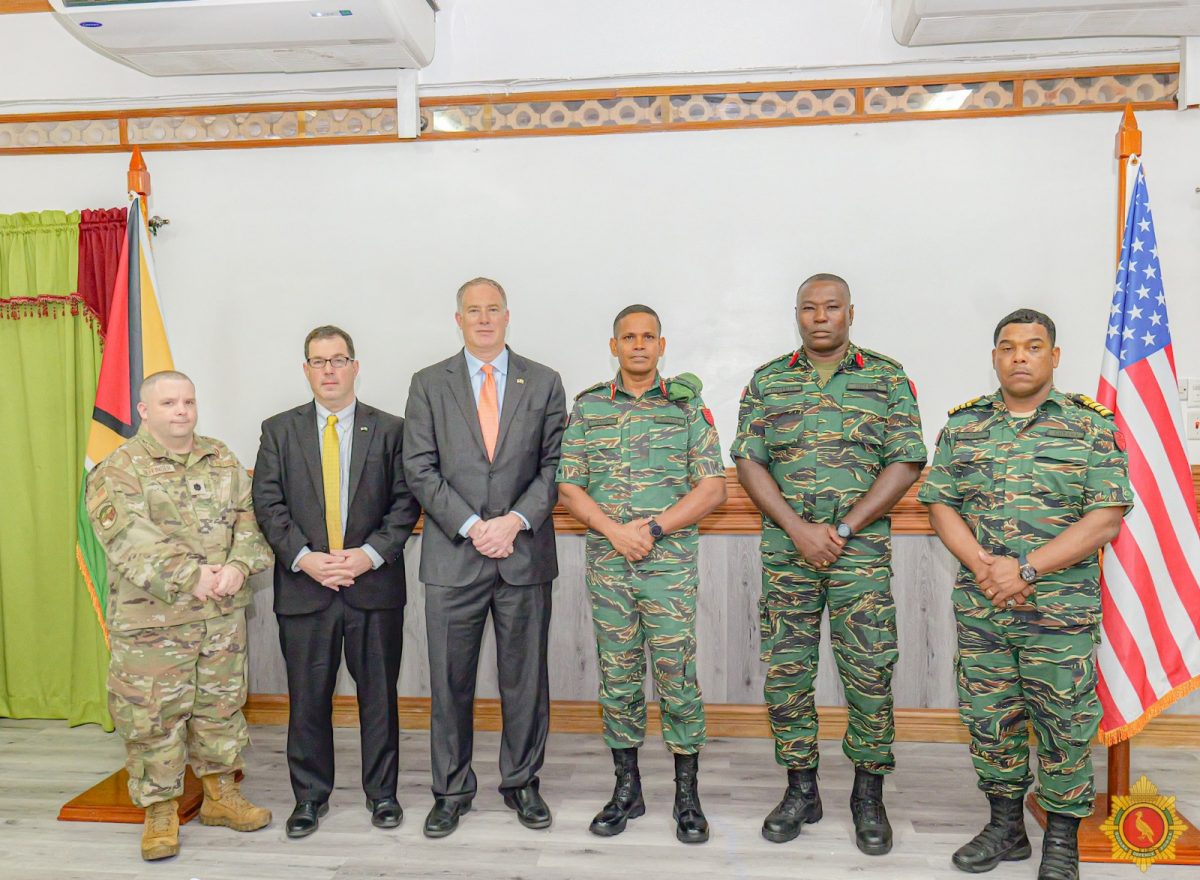 US Deputy Assistant Secretary of Defense for the Western Hemisphere,  Daniel Erikson is third from left and  Chief of Staff of the GDF, Brigadier Omar Khan is fourth from left. (GDF photo)