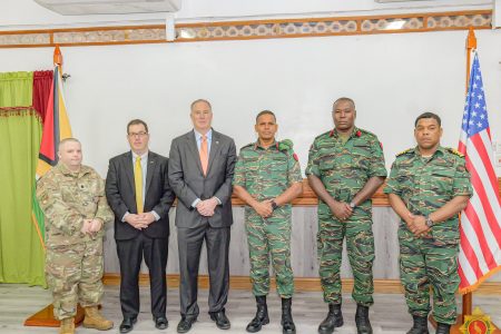 US Deputy Assistant Secretary of Defense for the Western Hemisphere,  Daniel Erikson is third from left and  Chief of Staff of the GDF, Brigadier Omar Khan is fourth from left. (GDF photo)