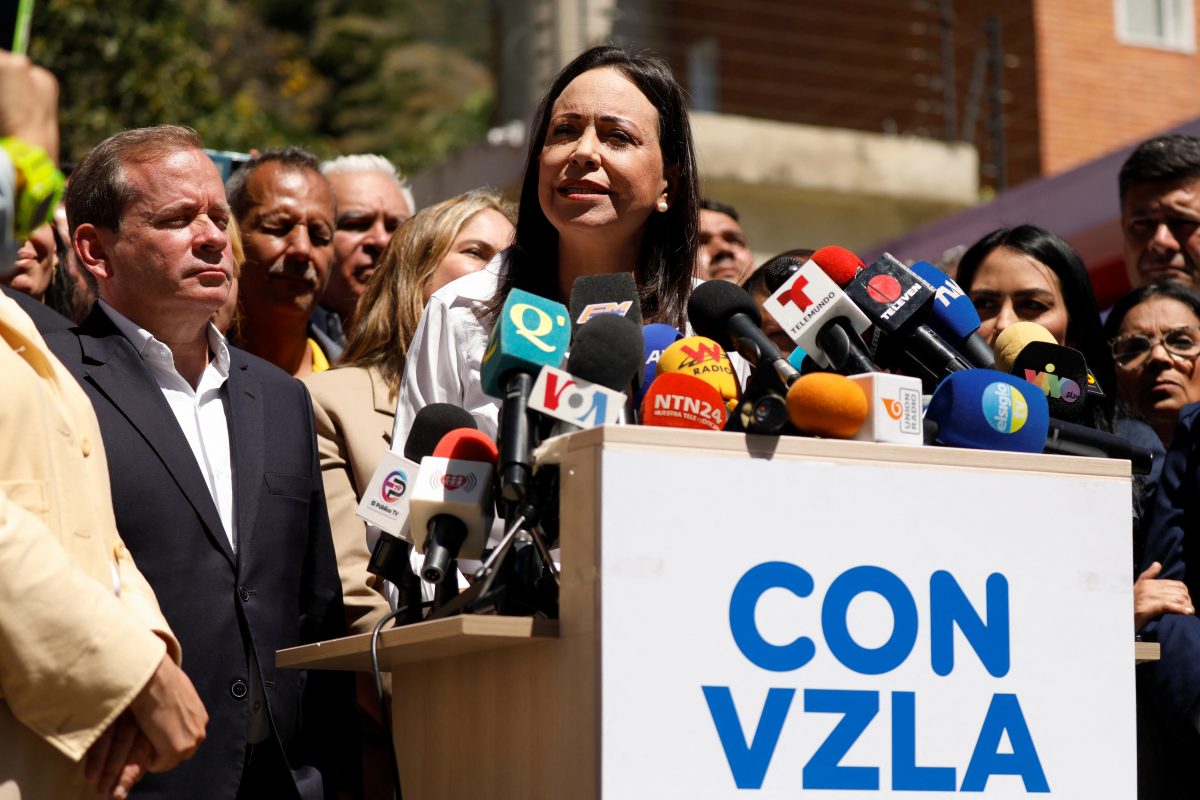 Venezuelan opposition presidential candidate Maria Corina Machado looks on as she addresses the media, after a court upheld a ban preventing her from holding office, in Caracas, Venezuela, January 29, 2024. REUTERS/Leonardo Fernandez Viloria