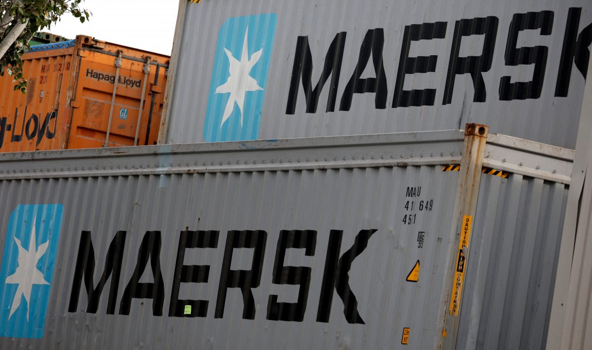 FILE PHOTO: Maersk’s logo is seen in stored containers at Zona Franca in Barcelona, Spain, November 3, 2022. REUTERS/Albert Gea/File Photo