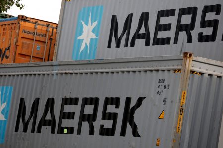 FILE PHOTO: Maersk's logo is seen in stored containers at Zona Franca in Barcelona, Spain, November 3, 2022. REUTERS/Albert Gea/File Photo