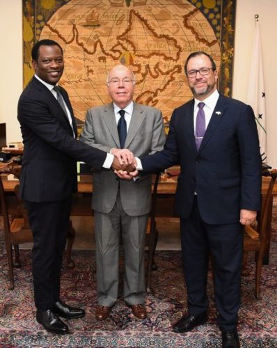 Brazil’s Foreign Minister Mauro Vieira (centre) with Venezuela’s Foreign Minister Yvan Gil (right) and Guyana’s Foreign Minister Hugh Todd 