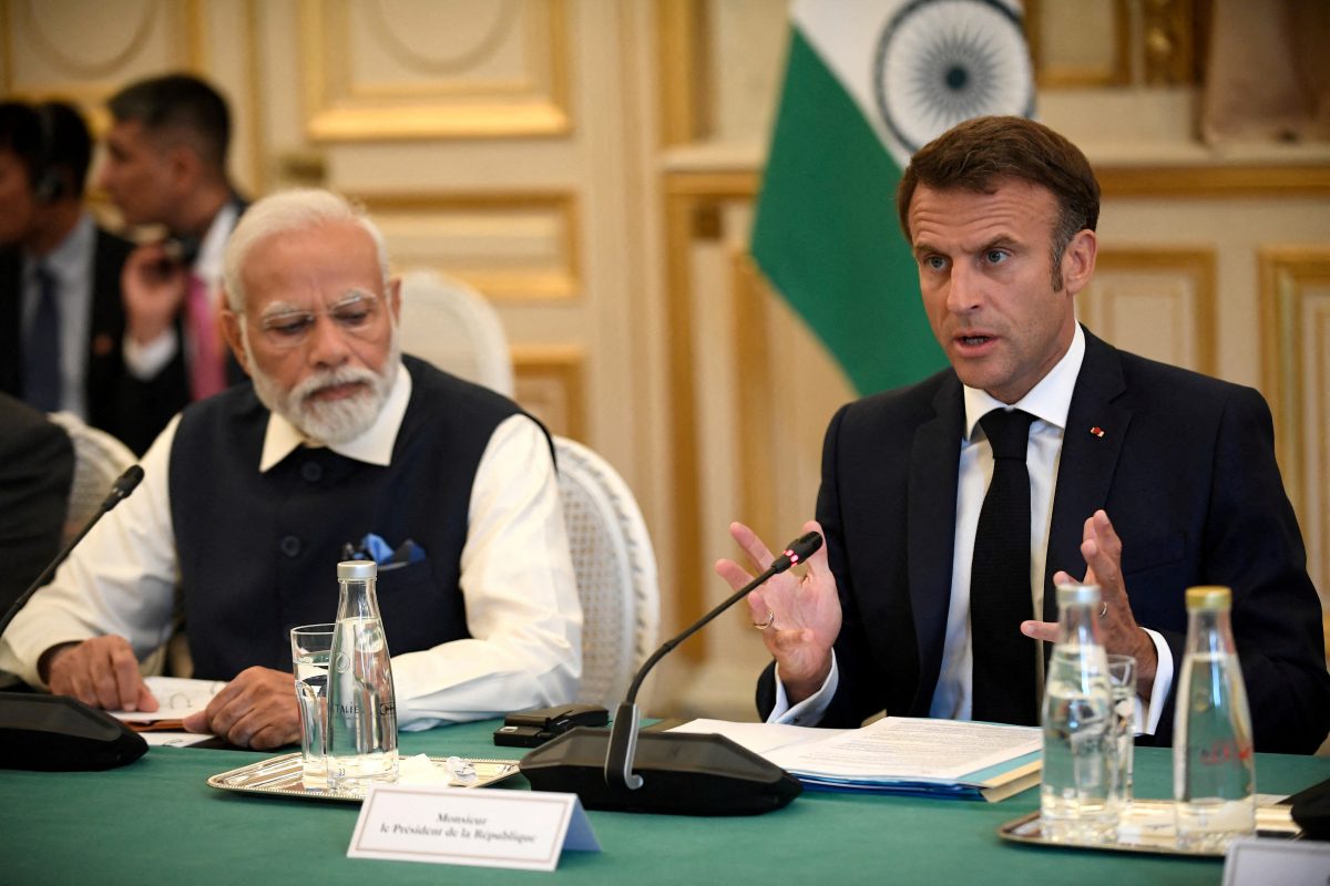 FILE PHOTO: France’s President Emmanuel Macron speaks as India’s Prime Minister Narendra Modi listens during a meeting at The Ministry of Foreign Affairs in Paris, France on July 14, 2023.     JULIEN DE ROSA/Pool via REUTERS/File Photo
