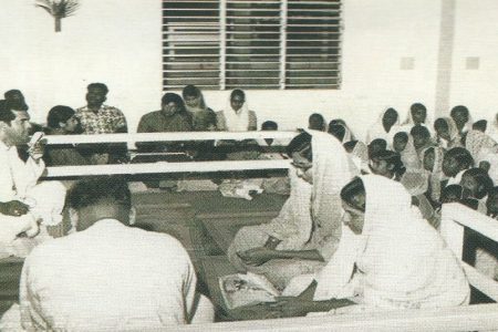 Pandit Reepu Daman Persaud is at left in this photo taken in 1974 (Guyana Hindu Dharmic Sabha photo)