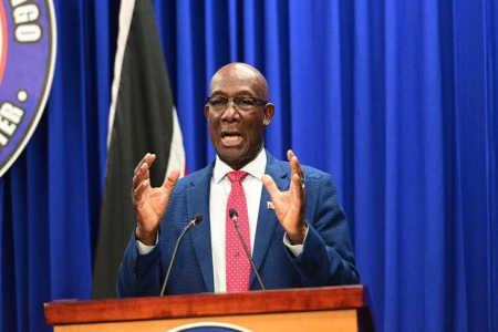 Prime Minister Dr Keith Rowley speaks at yesterday’s post-Cabinet news conference at Whitehall, Port of Spain.