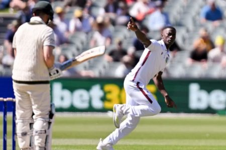 Shamar Joseph takes off after getting Steven Smith first ball  •  AFP/Getty Images
