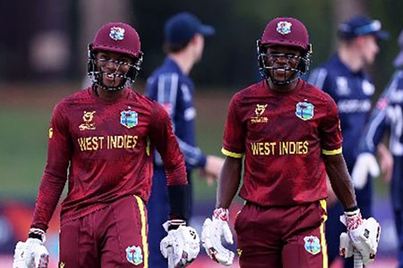 Jewel Andrew and Nathan Edward smile after steering West Indies to victory over Scotland. (Photo courtesy of ICC Media)