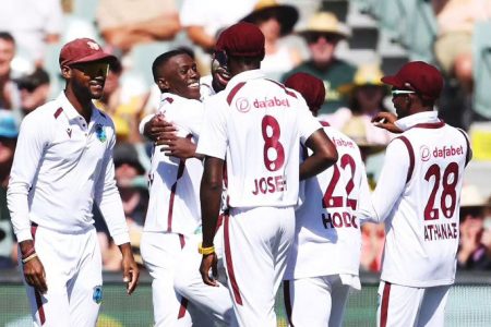 The West Indies celebrating a wicket