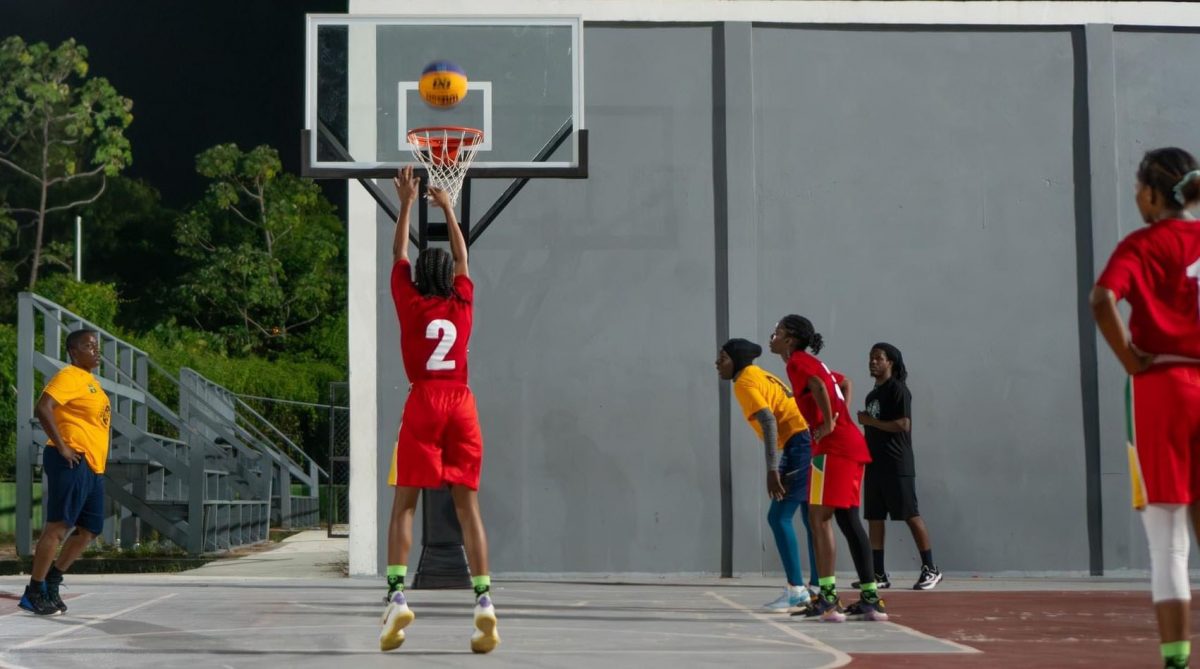 A scene from the Guyana Basketball Federation 3×3 Championship at the National Gymnasium