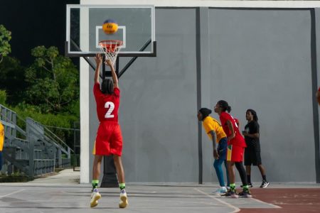 A scene from the Guyana Basketball Federation 3x3 Championship at the National Gymnasium