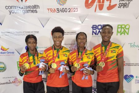 The quartet (from left) of Tianna Springer, Narissa McPherson, Malachi Austin, and Javon Roberts will lead team Guyana at the 2024 Carifta Games
