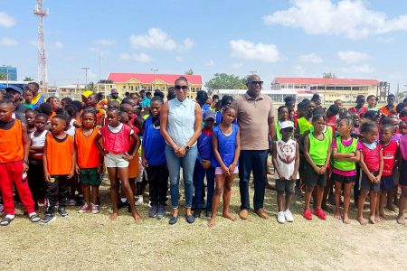 NSC Vice-Chair Cristy Campbell and Director of Sport Steve Ninvalle gathered with some of the athletes who participated in the AAG’s ‘Academy Meet’ yesterday at the Eve Leary Ground.