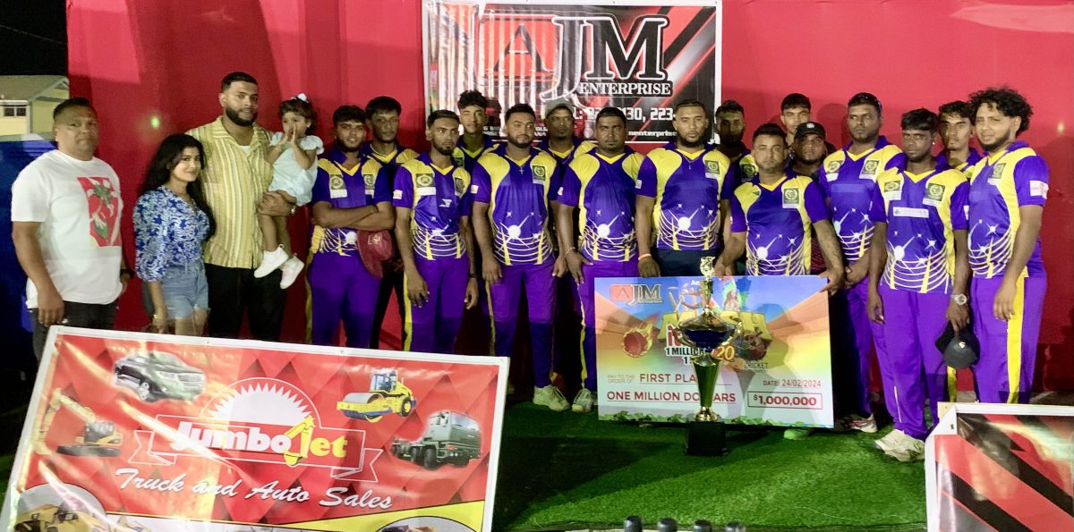 The victorious Cotton Tree outfit is posing with their spoils after retaining the AJM T20 Cricket Championship.