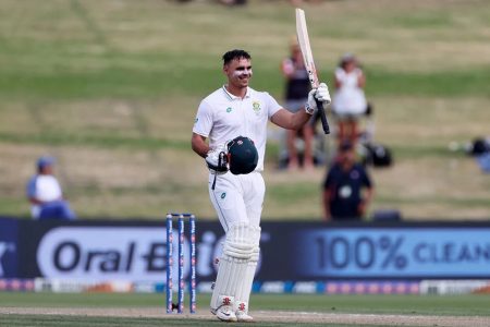 David Bedingham celebrates upon reaching his century which served as the anchor of visitors second innings