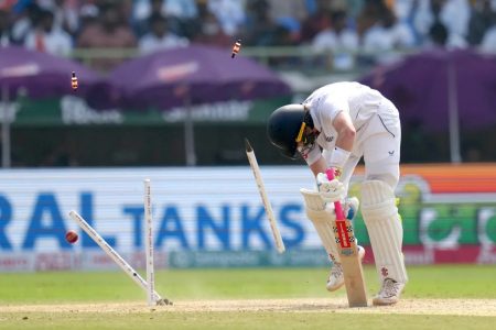 Demolished! Ollie Pope’s was one of the eventual six Jasprit Bumrah victims as his stumps were dismantled by a yorker for 23
