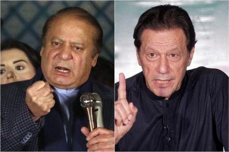 Former Pakistani prime ministers and bitter rivals Nawaz Sharif (left) and Imran Khan