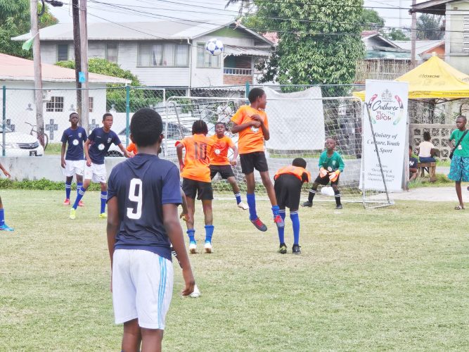 A scene from the Fruta Conquerors and Friendship All-Stars encounter in the semi-final section of the NSC/Ralph Green U11 Football Championship