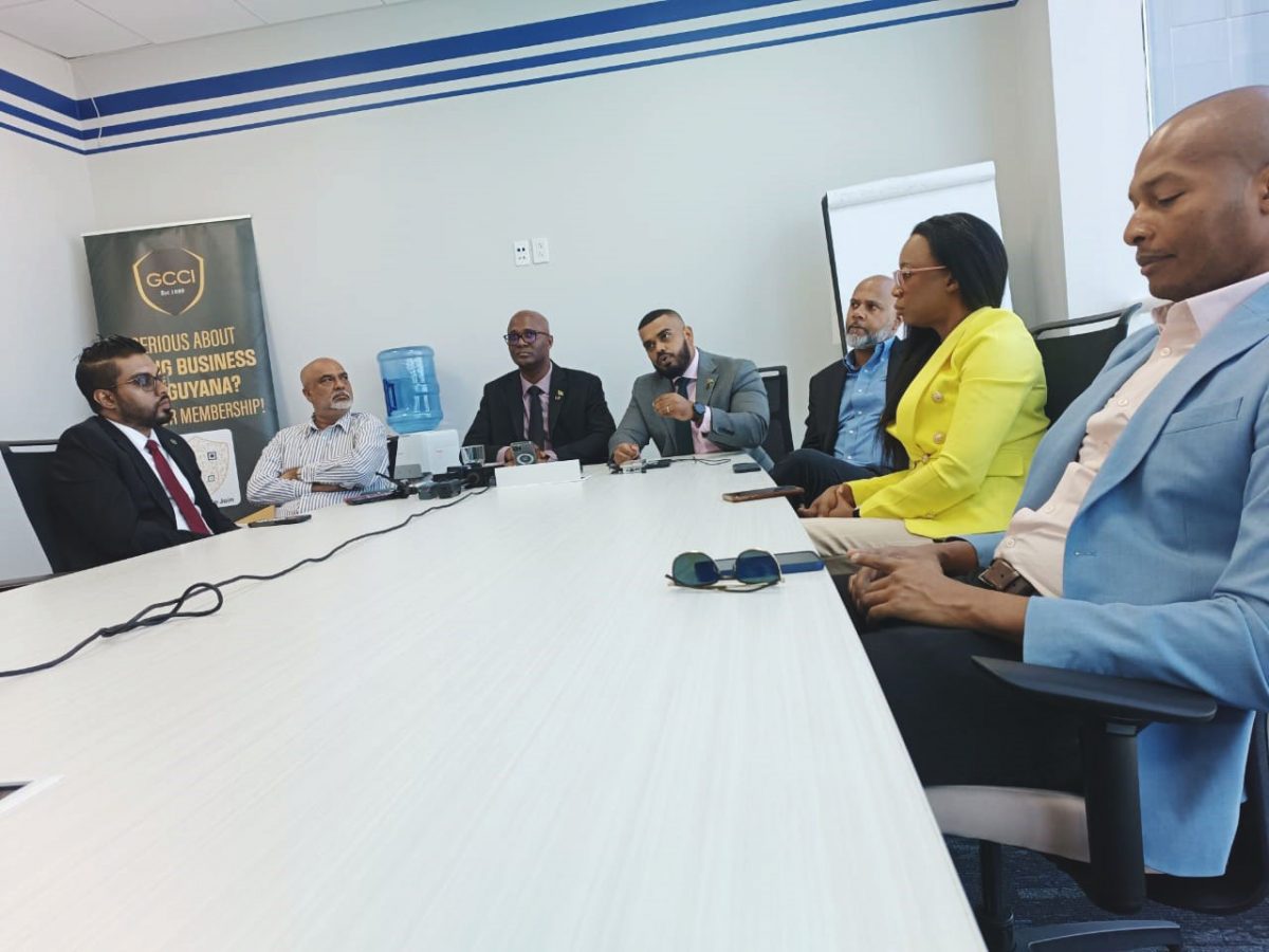 President of the GCCI Kester Hutson (3rd from left), Senior VP Richard Rambarran (fourth from left), and other executive members during yesterday’s media briefing.
