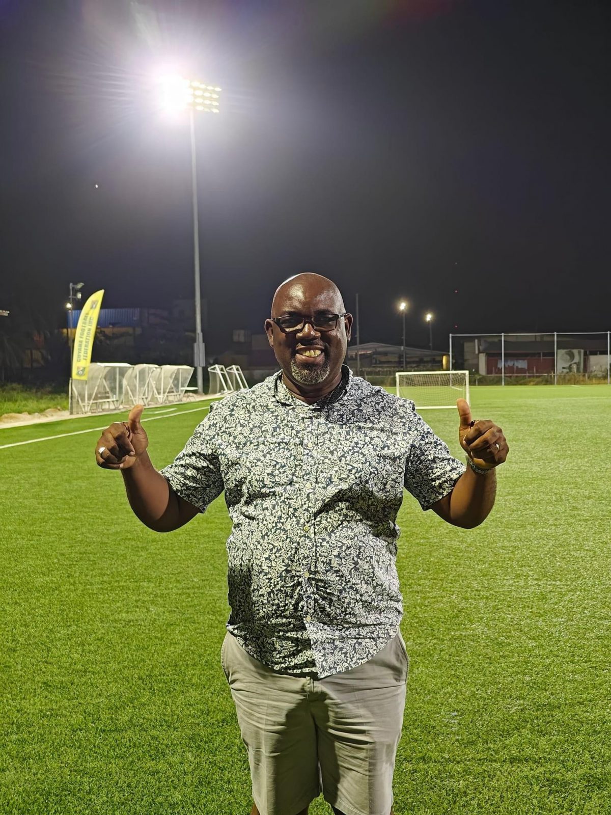 GFF Vice President Rawlston Adams gives the thumbs up during the lighting test at the National Training Centre in Providence.