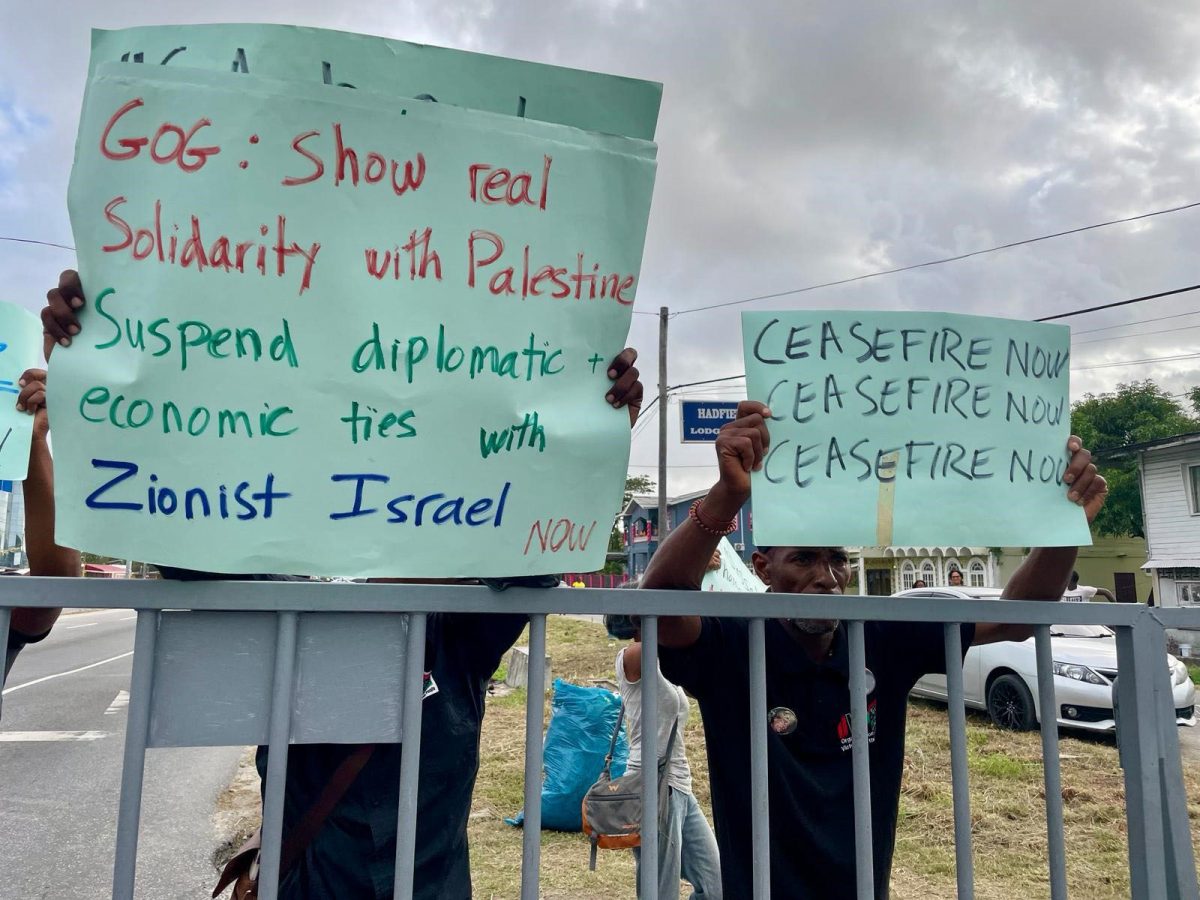 One of the protester’s placards called on the government of Guyana to show real solidarity with Palestine. During the Republic Day flag raising, President Irfaan Ali had called for an end to the atrocities in Gaza and stated that an immediate ceasefire was the only solution.