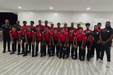 The Golden Jags U20 squad, which will contest the CONCACAF Qualifiers, poses for a photo opportunity minutes before their departure from the National Training Centre for Antigua and Barbuda