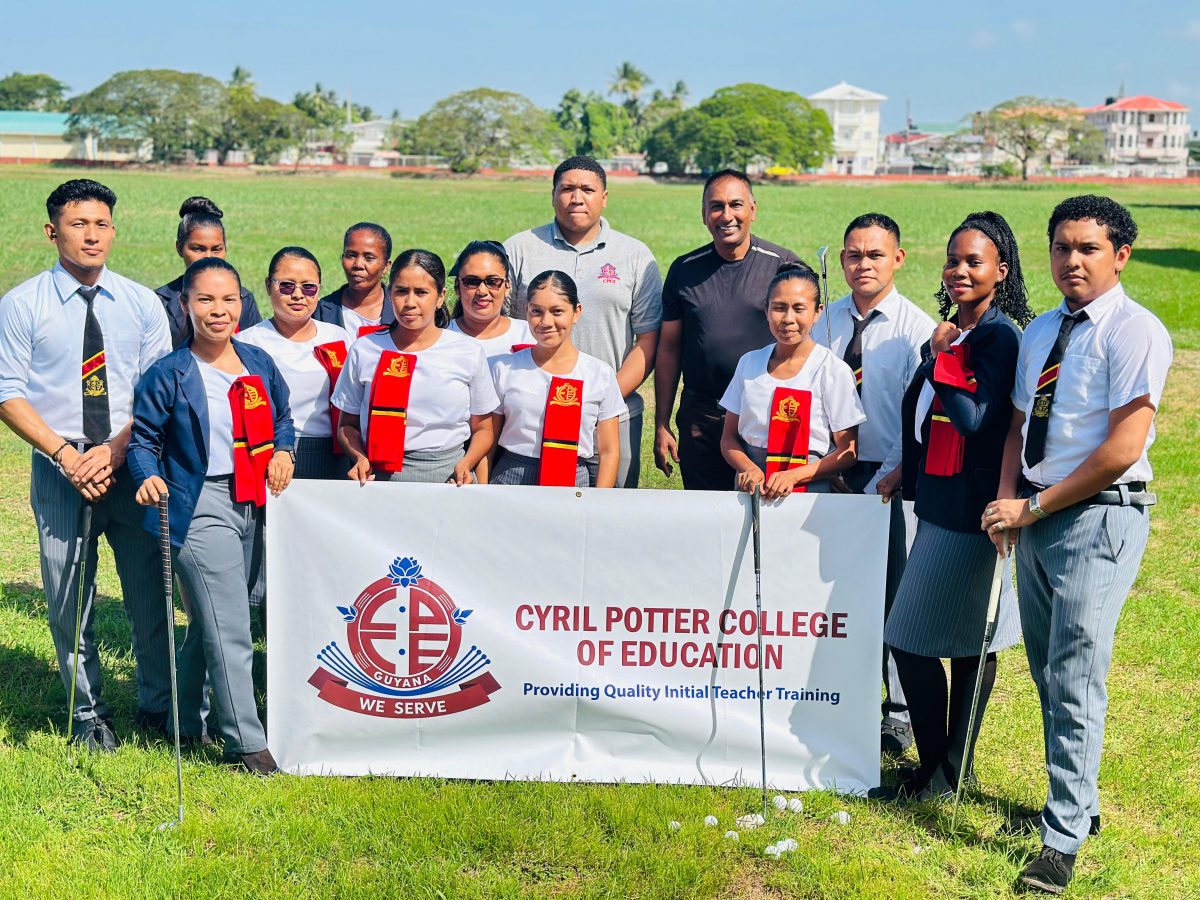 Guyana Golf Association (GGA) President Aleem Hussain (5th from right) posing with members of the CPCE golf programme at the announcement Chip, Putt and Drive Open Tournament