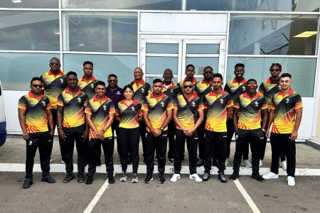 The Guyana Harpy Eagles players and officials before their departure. The team will begin their title defence against the Trinidad and Tobago Red Force on February 7 in St. Kitts.