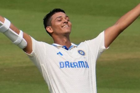 India's Yashasvi Jaiswal celebrates his century against England  