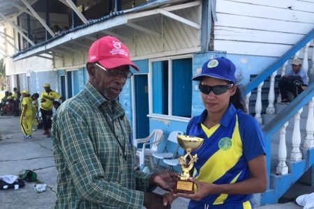 Demerara’s Letisha Jordan snared 4/16 in her side’s 185-run victory over Essequibo yesterday
