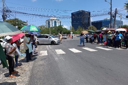 Teachers protesting outside of the Oil and Gas Expo last week. Despite the dwindling numbers at times, GTU General Secretary Coretta McDonald had assured that the others who were not on the picket lines were at home catching up on work.