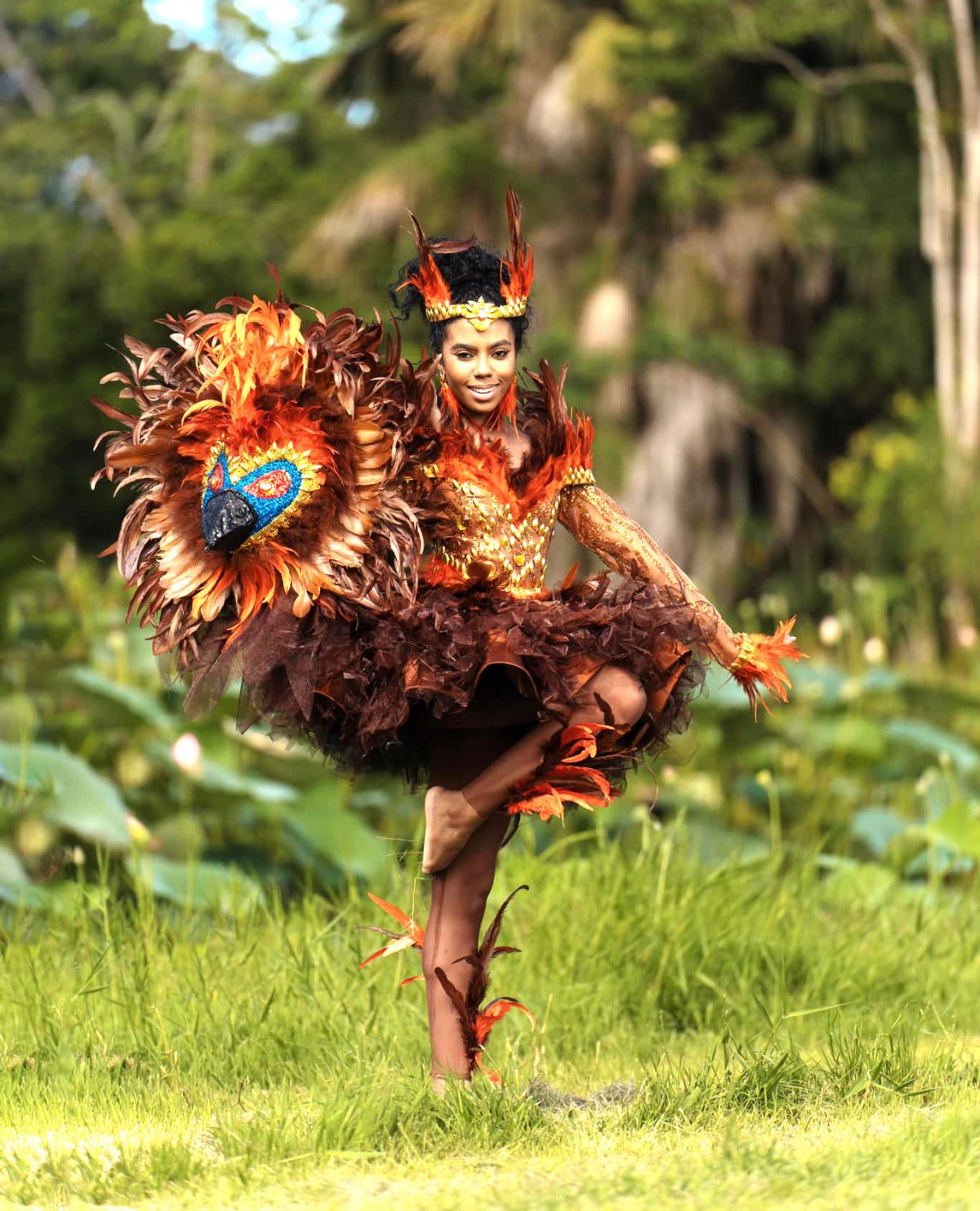 The reigning Miss World Guyana Andrea King is seen splendidly dressed as the country’s national bird, the Canje Pheasant which was designed by Mwanza Glenn. King is currently in India to participate in the Miss World pageant slated for March 9th at the World Convention Centre, in Mumbai. The photograph was taken in the Botanical Garden by Travon Barker of Keynote Productions.