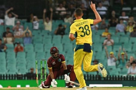 Shai Hope is bowled by Joshua Hazlewood for 29