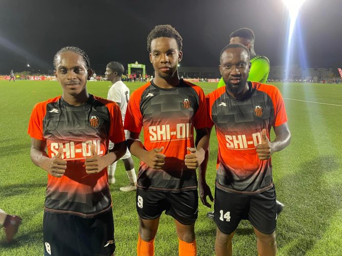 Slingerz FC scorers from left: Darren Niles, Marcus Tudor, and Ricardo Halley
