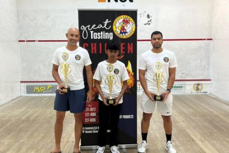 Open Category
winner Ryan Rahaman, Elite champion Jason Ray-Khalil, and Rising Division victor Kaiden Ali pose with their spoils 