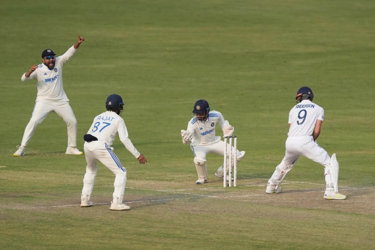 Wicketkeeper Dhruv Jurel (centre) completes a reflex catch to dismiss James Anderson and end England innings
