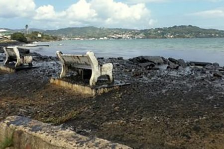 These benches in Lambeau are seen covered in diesel, which emanated from the overturned barge off the Cove, Tobago.