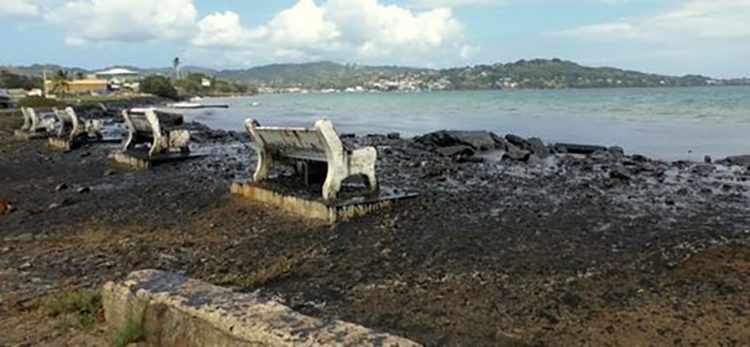 These benches in Lambeau are seen covered in diesel, which emanated from the overturned barge off the Cove, Tobago.