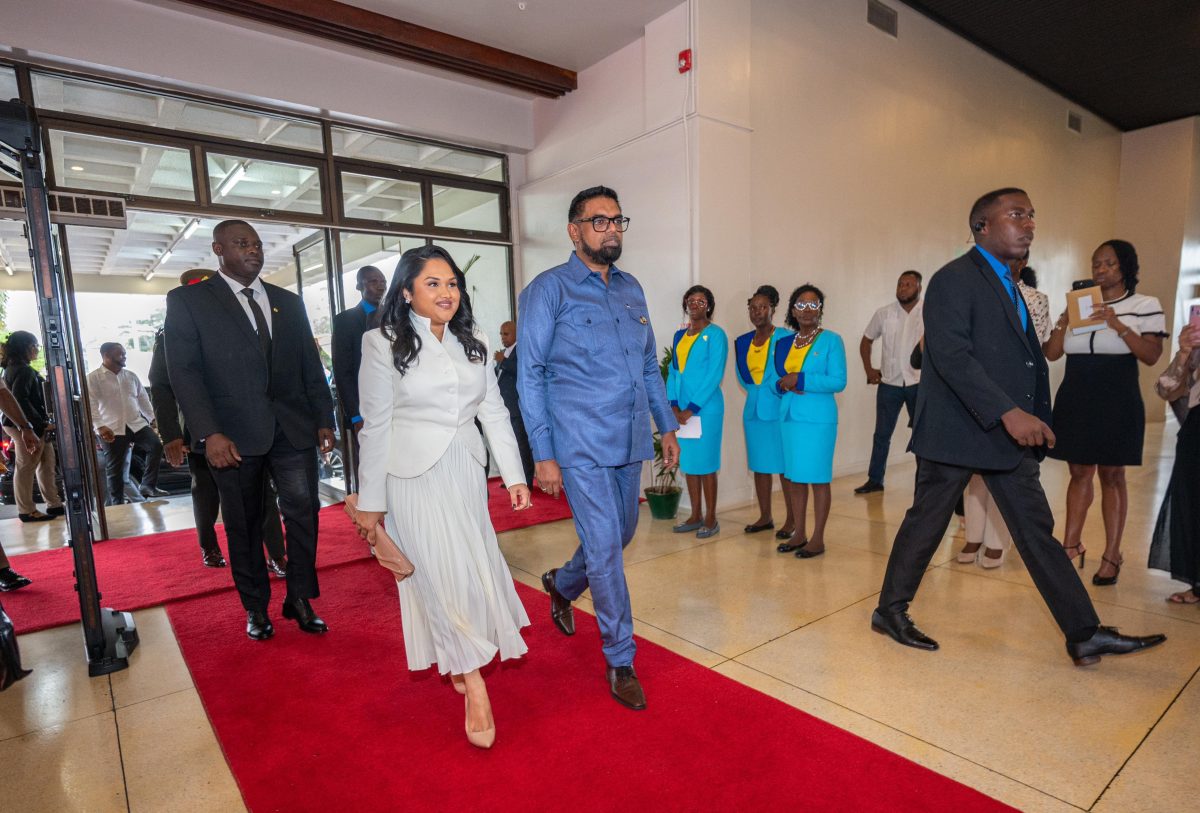 President Irfaan Ali and First Lady Arya Ali arrive for the opening of the 46th regular meeting of the Conference of Heads of Government of the Caribbean Community yesterday at the National Cultural Centre. 