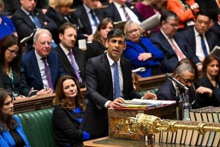 Britain's Prime Minister Rishi Sunak speaks during the weekly session of Prime Minister's Questions (PMQs) in the House of Commons, in central London on February 21, 2024. (JESSICA TAYLOR / UK PARLIAMENT / AFP)
